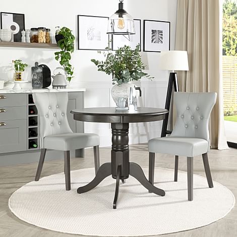 Kingston Round Dining Table & 2 Bewley Chairs, Grey Solid Hardwood, Light Grey Classic Faux Leather, 90cm