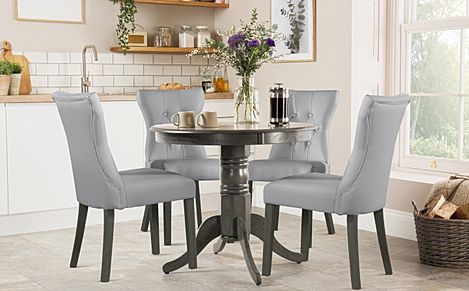 Kingston Round Grey Wood Dining Table with 4 Bewley Light Grey Leather Chairs
