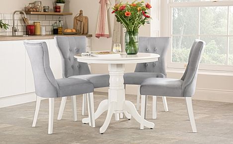 Kingston Round Dining Table & 4 Bewley Chairs, White Wood, Grey Classic Velvet, 90cm