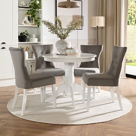 Kingston Round Dining Table & 4 Bewley Chairs, White Wood, Grey Classic Velvet, 90cm