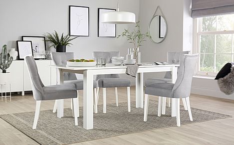 Aspen Extending Dining Table & 4 Bewley Chairs, White Wood, Grey Classic Velvet, 150-180cm