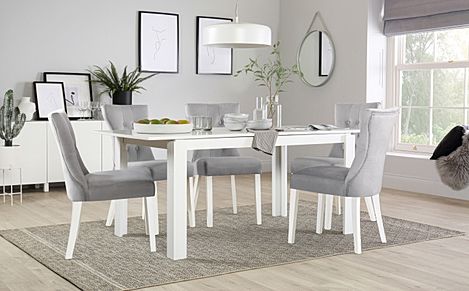 Aspen White Extending Dining Table with 6 Bewley Grey Velvet Chairs