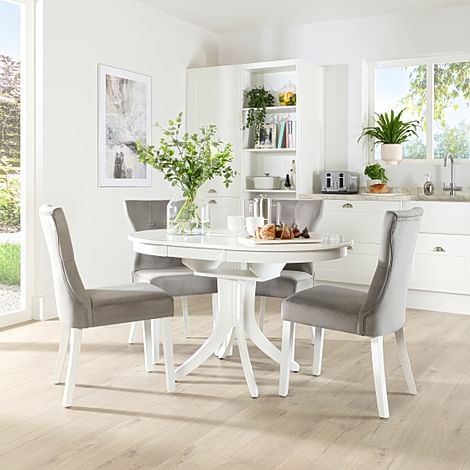 Hudson Round White Extending Dining Table with 4 Bewley Grey Velvet Chairs