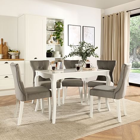 Clarendon Dining Table & 4 Bewley Chairs, White Wood, Grey Classic Velvet, 120cm