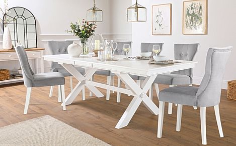 Grange White Extending Dining Table with 4 Bewley Grey Velvet Chairs