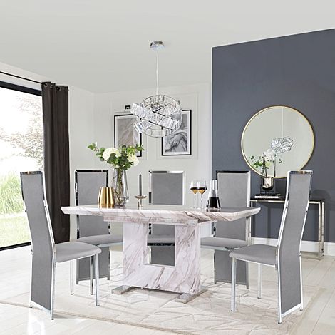 Florence Extending Dining Table & 4 Celeste Chairs, Grey Marble Effect, Grey Classic Velvet & Chrome, 120-160cm