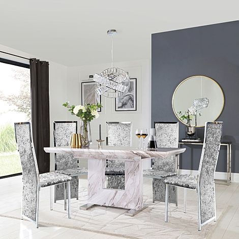 Florence Extending Dining Table & 4 Celeste Chairs, Grey Marble Effect, Silver Crushed Velvet & Chrome, 120-160cm