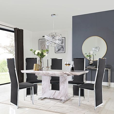 Florence Grey Marble Extending Dining Table with 4 Celeste Black Velvet Chairs