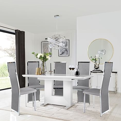 Florence White High Gloss Extending Dining Table with 4 Celeste Grey Velvet Chairs