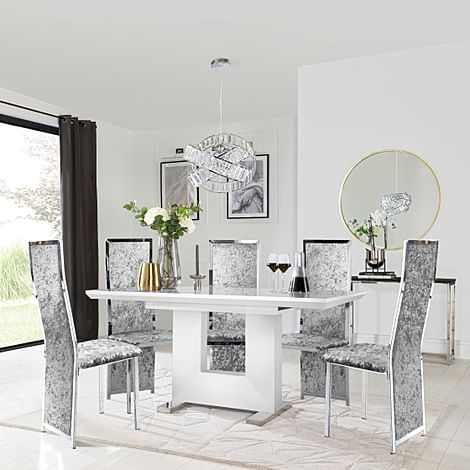 Florence White High Gloss Extending Dining Table with 4 Celeste Silver Crushed Velvet Chairs