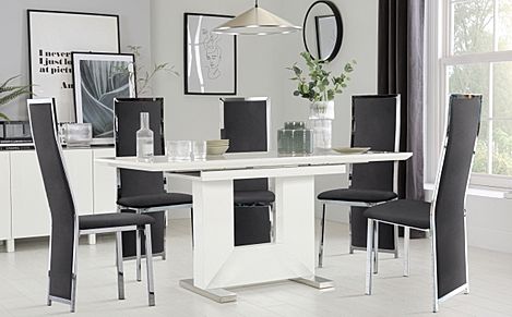 Florence White High Gloss Extending Dining Table with 4 Celeste Black Velvet Chairs