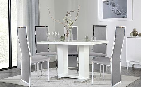 Joule White High Gloss Dining Table with 4 Celeste Grey Velvet Chairs