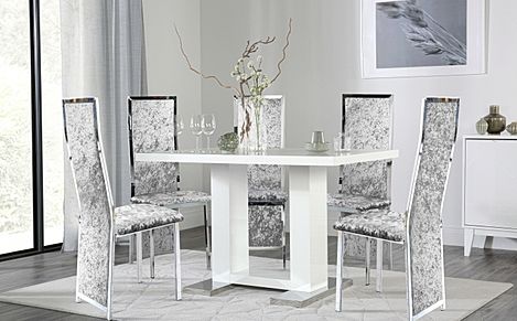 Joule White High Gloss Dining Table with 4 Celeste Silver Crushed Velvet Chairs