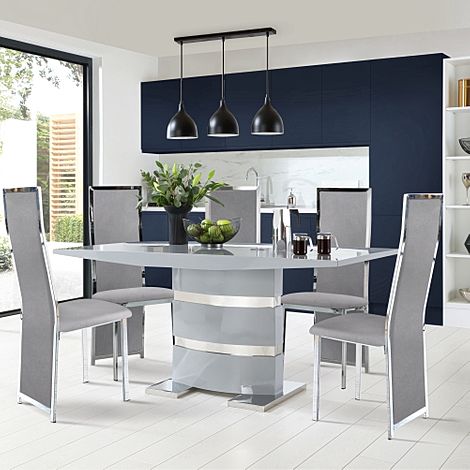 Komoro Grey High Gloss Dining Table with 4 Celeste Grey Velvet Chairs