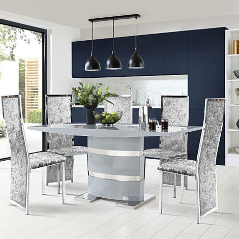 Komoro Grey High Gloss Dining Table with 4 Celeste Silver Crushed Velvet Chairs