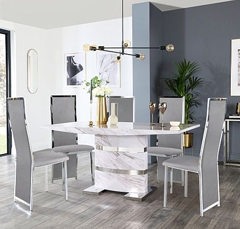Komoro Grey Marble and Chrome Dining Table with 6 Celeste Grey Velvet Chairs