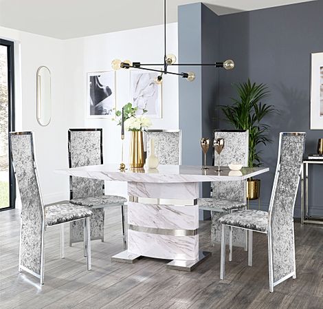 Komoro Dining Table & 4 Celeste Chairs, Grey Marble Effect & Chrome, Silver Crushed Velvet, 160cm