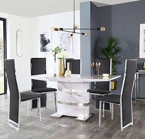 Komoro Grey Marble and Chrome Dining Table with 4 Celeste Black Velvet Chairs
