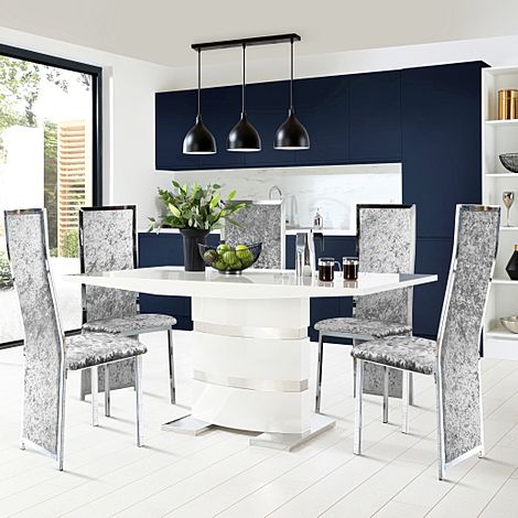 Komoro White High Gloss Dining Table with 4 Celeste Silver Crushed Velvet Chairs