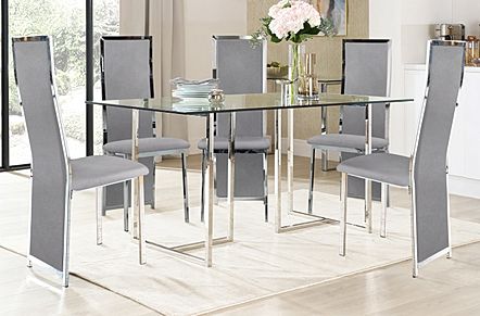 Lisbon Chrome and Glass Dining Table with 4 Celeste Grey Velvet Chairs