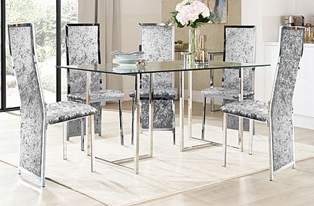 Lisbon Chrome and Glass Dining Table with 4 Celeste Silver Crushed Velvet Chairs