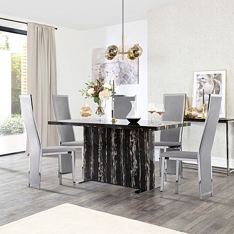 Magnus Black Marble Dining Table with 4 Celeste Grey Velvet Chairs