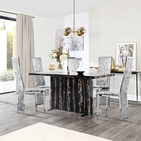 Magnus Black Marble Dining Table with 4 Celeste Silver Crushed Velvet Chairs