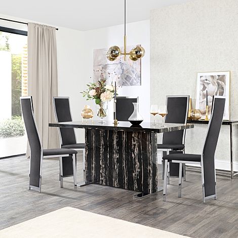 Magnus Black Marble Dining Table with 4 Celeste Black Velvet Chairs