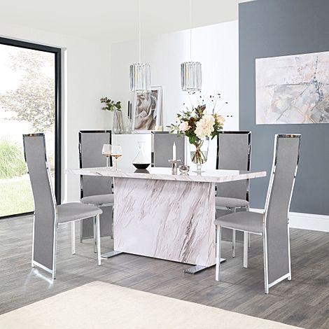 Magnus Grey Marble Dining Table with 4 Celeste Grey Velvet Chairs