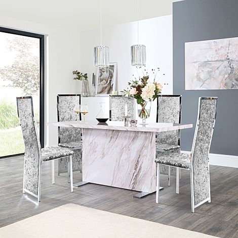 Magnus Grey Marble Dining Table with 4 Celeste Silver Crushed Velvet Chairs