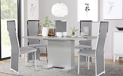 Osaka Grey High Gloss Extending Dining Table with 4 Celeste Grey Velvet Chairs