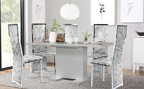 Osaka Grey High Gloss Extending Dining Table with 4 Celeste Silver Crushed Velvet Chairs