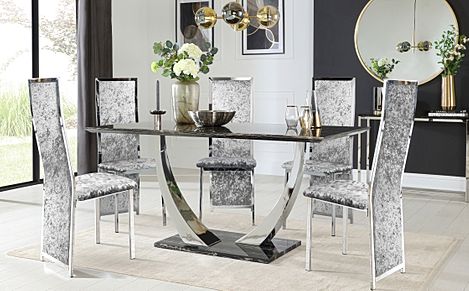 Peake Black Marble and Chrome Dining Table with 4 Celeste Silver Crushed Velvet Chairs