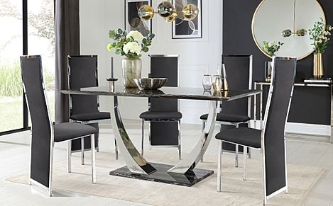 Peake Black Marble and Chrome Dining Table with 6 Celeste Black Velvet Chairs