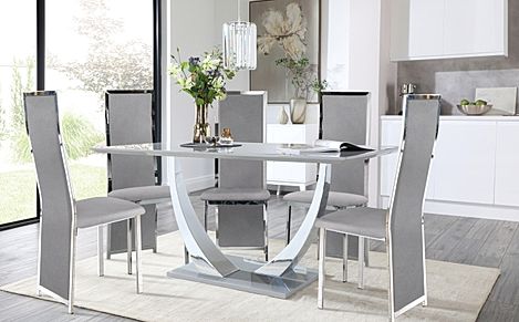 Peake Grey High Gloss and Chrome Dining Table with 4 Celeste Grey Velvet Chairs