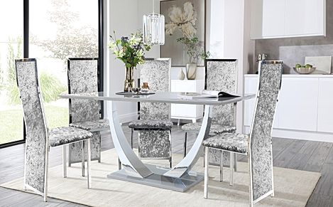 Peake Grey High Gloss and Chrome Dining Table with 4 Celeste Silver Crushed Velvet Chairs