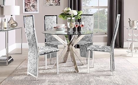 Plaza Round Dining Table & 4 Celeste Chairs, Glass & Chrome, Silver Crushed Velvet, 110cm