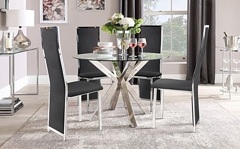 Plaza Round Chrome and Glass Dining Table with 4 Celeste Black Velvet Chairs