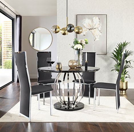 Savoy Round Black Marble and Chrome Dining Table with 4 Celeste Black Velvet Chairs