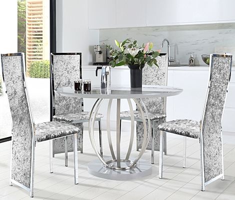 Savoy Round Grey High Gloss and Chrome Dining Table with 4 Celeste Silver Crushed Velvet Chairs