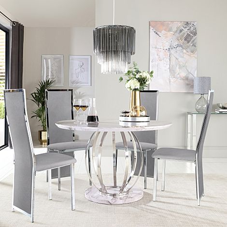 Savoy Round Grey Marble and Chrome Dining Table with 4 Celeste Grey Velvet Chairs