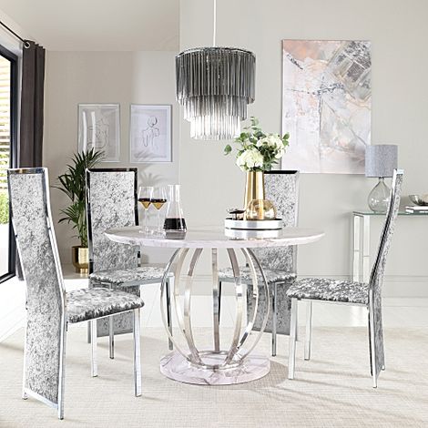 Savoy Round Dining Table & 4 Celeste Chairs, Grey Marble Effect & Chrome, Silver Crushed Velvet, 120cm