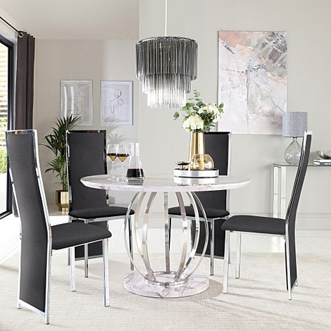 Savoy Round Grey Marble and Chrome Dining Table with 4 Celeste Black Velvet Chairs