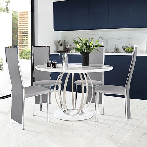 Savoy Round White High Gloss and Chrome Dining Table with 4 Celeste Grey Velvet Chairs