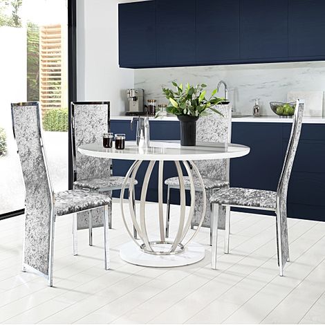 Savoy Round White High Gloss and Chrome Dining Table with 4 Celeste Silver Crushed Velvet Chairs