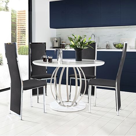 Savoy Round White High Gloss and Chrome Dining Table with 4 Celeste Black Velvet Chairs