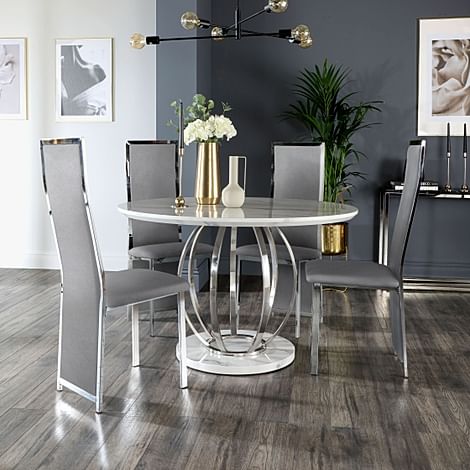 Savoy Round Dining Table & 4 Celeste Chairs, White Marble Effect & Chrome, Grey Classic Velvet, 120cm