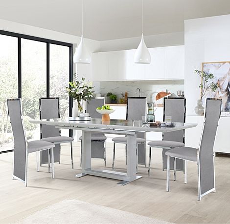 Tokyo Grey High Gloss Extending Dining Table with 4 Celeste Grey Velvet Chairs