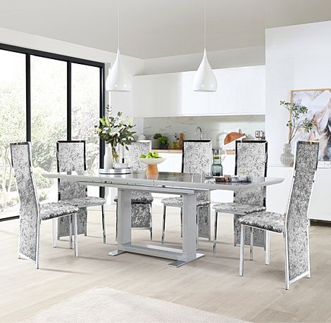 Tokyo Extending Dining Table & 4 Celeste Chairs, Grey High Gloss, Silver Crushed Velvet & Chrome, 160-220cm