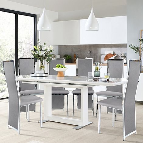 Tokyo White High Gloss Extending Dining Table with 4 Celeste Grey Velvet Chairs